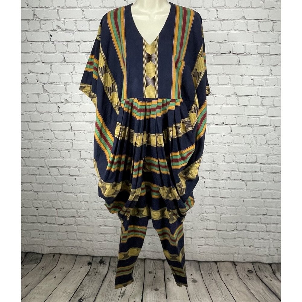 VTG Ko’s Collection Navy Yellow Striped Kaftan Dress Pant Set USA Made Size O/S